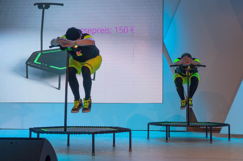 A trampoline fitness class in action