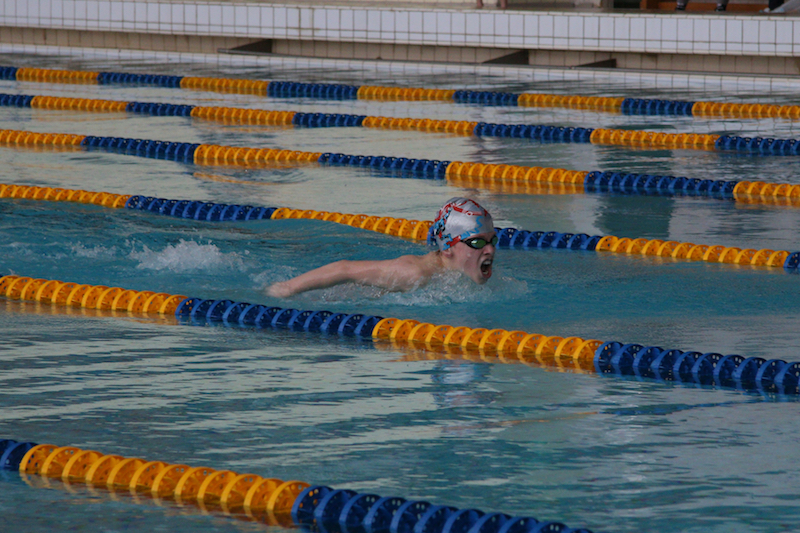 Person swimming laps at gym pool